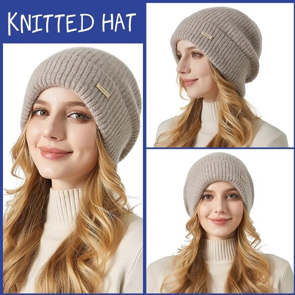 Warm Knit Beanie Hat for Women Thick Cotton Lined Slouchy Winter Skull Cap - Picture 4 of 7